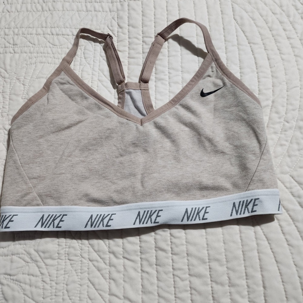 Nike Indy Light Support Sports Bra Large Beige Heathered V-Neck Racerback Logo